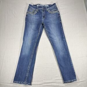 Western Blue Womens Jeans 32x30 Straight Leg Embroidered Heavyweight Denim